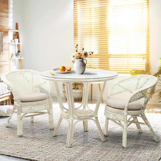 3 Pcs Pelangi Rattan Wicker Dining Set Round Table Glass Top and 2 Arm Chairs with Cream Cushion, White Color