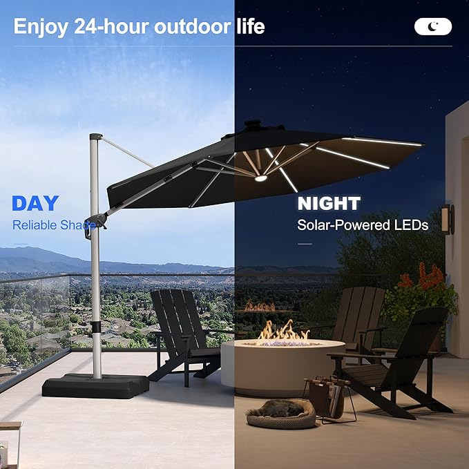 PURPLE LEAF Cantilever Umbrella with base 11ft Outdoor Round Patio Solar Powered LED Umbrella with 360-degree Rotation for Garden Deck Pool Patio, Black