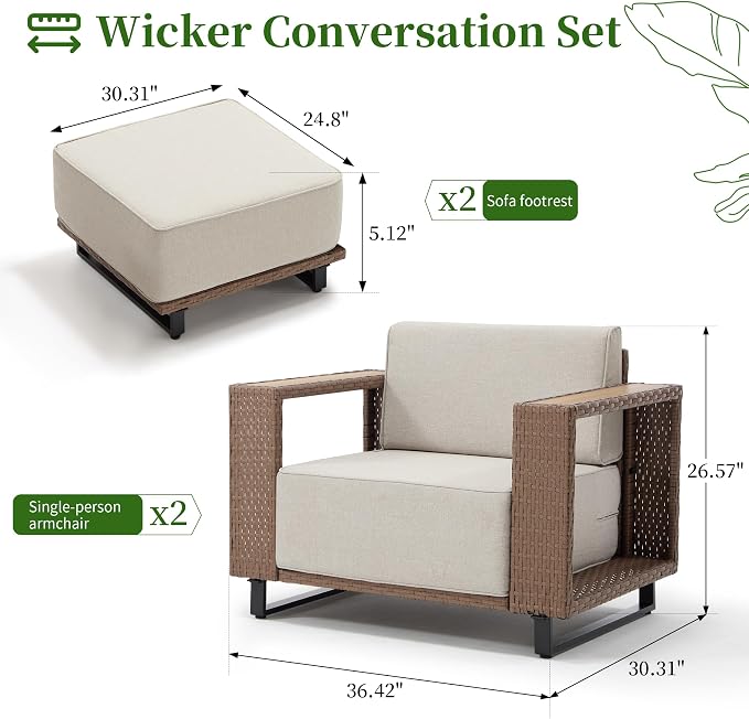 Bonzy Home Wicker Patio Chairs Set of 2 with 2 Ottoman, Rattan Outdoor Lounge Chairs with Extra-Thick Soft Cushions and Widened Armrest, Patio Conversation Sets for Porch, Garden Poolside Balcony