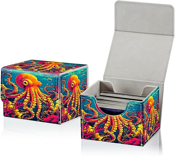 Card Deck Box for MTG, Cards Storage Box Fits 120+ Sleeved, Leather Small Size Strong Magnetic Closing Card Case for Board Games Magic TCG CCG Baseball Collection, Octopus Ocean Bottom