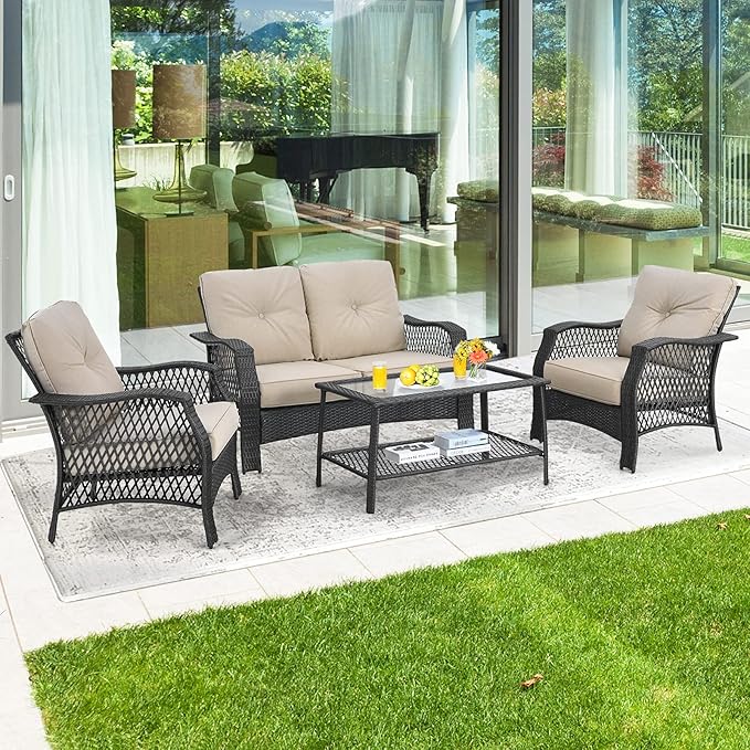 Tangkula 4 Pieces Outdoor Patio Furniture Set, Patiojoy PE Wicker Conversation Sofa Set with Tempered Glass Coffee Table, Sectional Rattan Patio Sofa Set for Garden, Backyard, Poolside (Beige)