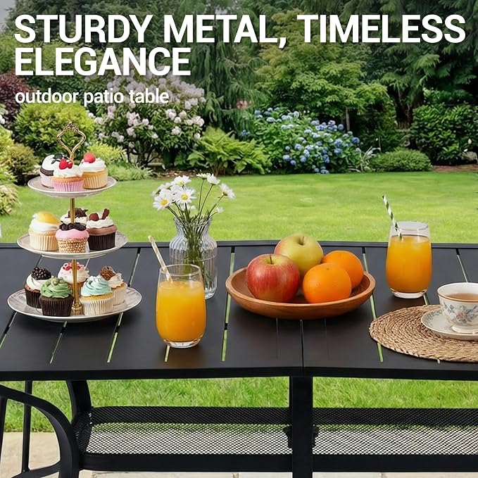 63"x38" Outdoor Dining Table for 6 Person, Metal Rectangle Patio Dining Table with Adjustable Umbrella Hole for Garden, Partitioned Storage Shelf, Backyard and Porch, Black