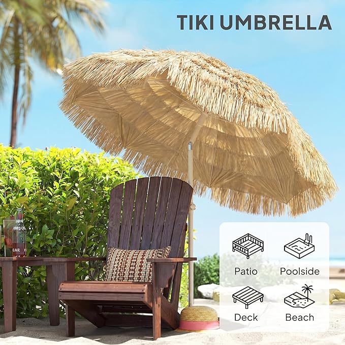 Outsunny 6FT Tiki Umbrella, Outdoor Hawaiian Style Patio Umbrella with 8 Ribs, Carry Bag, Outdoor Tiki Bar, Tropical Palapa for Pool, Beach, Khaki