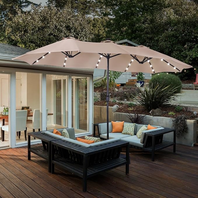 HERA'S PALACE 15ft Patio Umbrella with Base Included Double Sided Outdoor Umbrella for Patio Table Umbrella Outdoor 36 LED Solar Lights for Garden