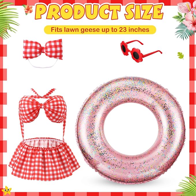 Bikini Porch Goose Outfits with Sunglasses and Swimming Tube for 23" Summer Goose Costume Garden Patio Statue Decor(Red Plaid)