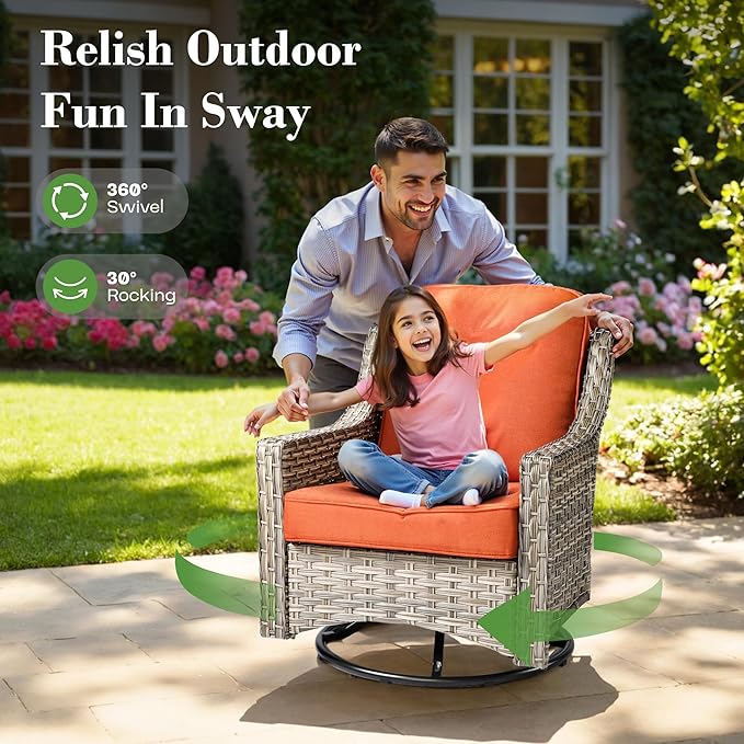 ovios 5 Piece Outdoor Patio Furniture with 3 Seat Sofa,Rattan Wicker Coversation Set with Swivel Rocking Chair,Balcony Sofa Set with Shiny Table for Outside Porch Backyard Pool, Red