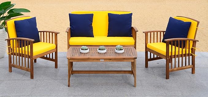 SAFAVIEH Outdoor Collection Rocklin Natural/ Yellow Cushions/ Navy Pillows 4-Piece Conversation Patio Set