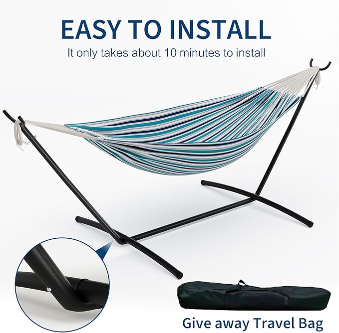 Double Hammock with Stand - Heavy Duty 450lbs Capacity, Portable Cotton Hammock for Two Adults, Indoor & Outdoor Use with Travel Bag, Ocean Stripe Pattern