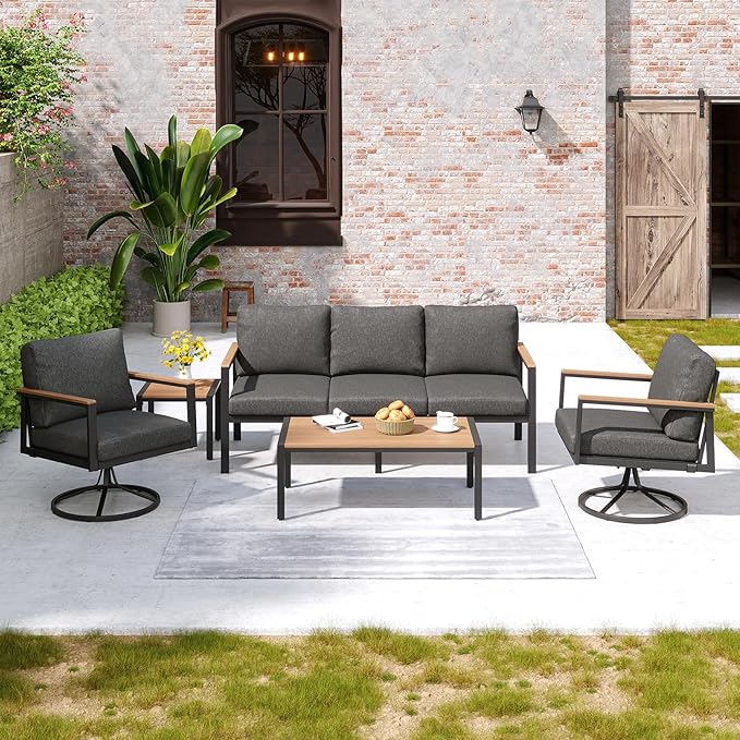 Patio Conversation Set, 5 Pcs Outdoor Furniture with 3-Seater Sofa, 2 Single Rotate 360° Chairs, Coffee Table and End Table, 5 Seats Couch with Washable Thick Cushions for Backyard Porch Balcony