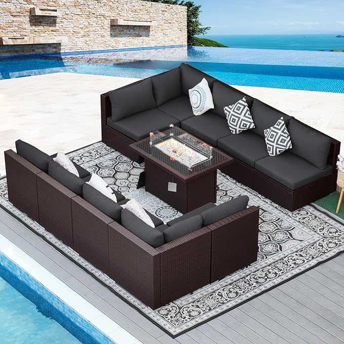 NICESOUL 11 Piece Outdoor Furniture Set with Fireplace, Luxury Patio Sectional Sets 10-Seater, Chill 29.3'' High-Back Backyard Seating, All-Weather Rattan Couch Sofa for Outside, Deck, Brown & Grey