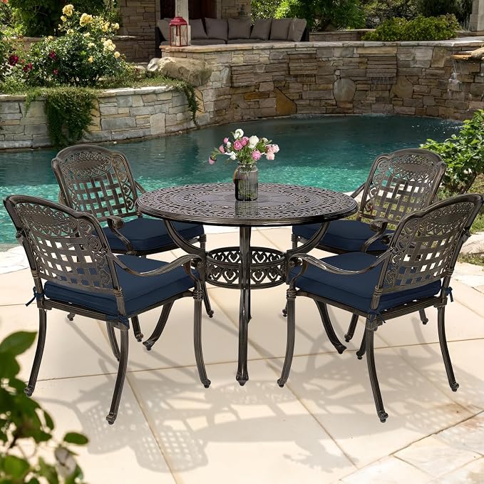 5-Piece Outdoor Patio Dining Set, All-Weather Cast Aluminum Patio Furniture Set for Backyard Garden Deck with 4 Chairs, 4 Cushions and 38.5" Round Table, 2" Umbrella Hole, Navy