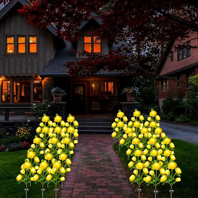 SmilingTown Solar Garden Stake Lights 2 Pack with 10 Rose Flowers Landscape Path Decorative Lights Waterproof for Outdoor Yard Grave Cemetery Pathway Courtyard Lawn (Yellow)