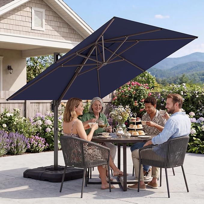 GENTEACO 10X10 FT Cantilever Umbrella, Large Offset Patio Umbrella with 6 Angle Tilts & 360° Rotation, Large Square Sun Umbrellas for Outdoor Patio Pool Deck Market, Navy Blue