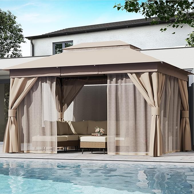 LAUSAINT HOME 10'x13' Outdoor Gazebo, Upgraded Metal Frame Heavy Duty Patio Canopy Tent Shelter with Double Roofs, Mosquito Nettings and Privacy Screens for Backyard, Garden, Lawn, Khaki