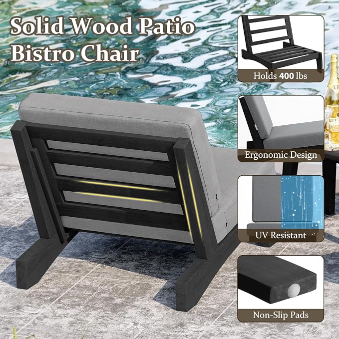 Pia Ricoo Patio Chairs Set of 2, Heavy Duty Wood Patio Furniture Set with Thick Cushions, Bistro Set All-Weather Outdoor Chairs for Balcony, Deck, Poolside, Porch - Gray/Dark