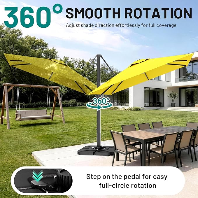 AreShark 9 × 9FT Square Cantilever Patio Umbrella with Base Included, 360° Rotation Offset Outdoor Umbrella, 5 Tilt Settings Heavy Duty Hanging Parasol for Deck Garden Pool, Yellow