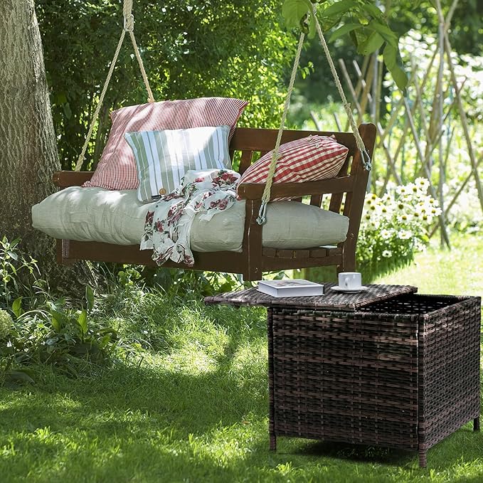 Patio Rattan End Table Square Container Outdoor PE Wicker Side Table with Storage for Furniture Covers Toys and Gardening Tools,Brown