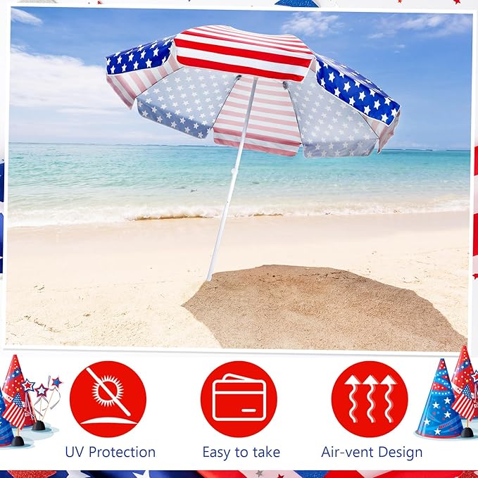 7.9ft 4th of July Patriotic Beach Umbrella Large American Flag Heavy Duty Wind Grade Red Blue White Umbrella UV 50+ for Patio Outdoor Independence Day