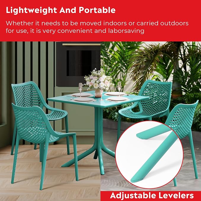 Costaelm Patio Dining Table for 4, Square PP Patio Table, 4-Person Weather Resistant Porch Tables for Outside Poolside Deck Lawn Garden Backyard, Turquoise