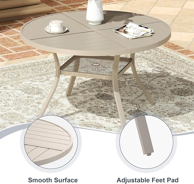 VICLLAX 5 Pieces Patio Outdoor Dining Set, 4 Swivel Textilene Chairs and 47.2" Round Metal Table with Umbrella Hole for Porch, Deck, Garden, Sandshell