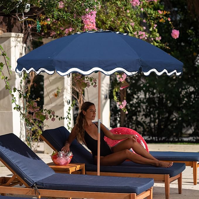 AMMSUN 7.8ft Seashore Umbrella, Outdoor Umbrella, Boho Patio Umbrella with UV 50+ Air Vent Ash Wood Pole Carry Bag & Water-Resistant Canvas Navy Blue