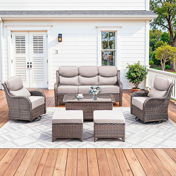Luxury High Back Patio Furniture Set with 6-Inch Thick Cushions, 6-Pieces Outdoor Furniture with Swivel Chairs, Wicker Conversation Set for Porch, Balcony, Deck and Yard, Brown/Beige