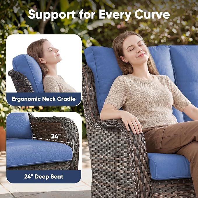 Belord Patio Sofa Luxury PE Wicker 3-Seater Outdoor Couch, Modern All-Weather High Back Deep Seat Woven Furniture Set for Porch, Deck, Balcony, Backyard - Brown/Blue
