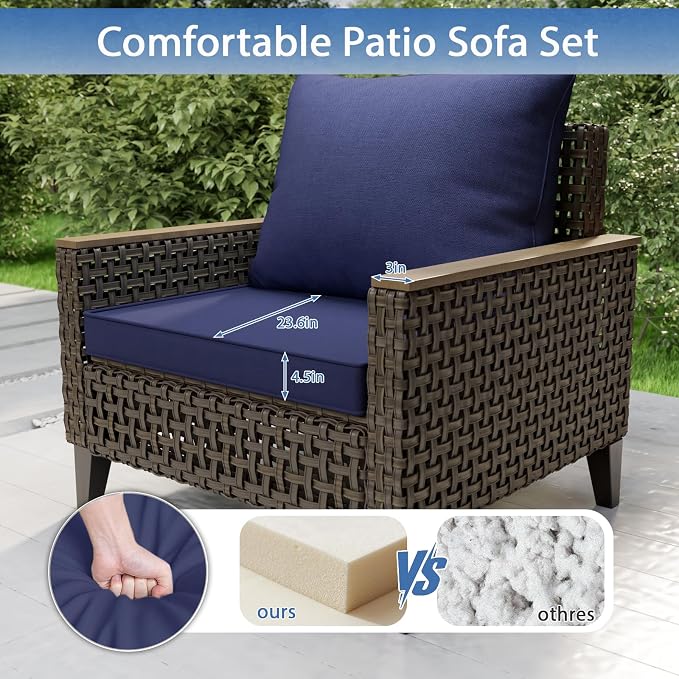 7 Piece Patio Furniture Set, All-Weather Wicker Rattan Outdoor Sectional Sofa Set with High Backrest and Thick Cushions for Garden, Porch, Poolside, Blue