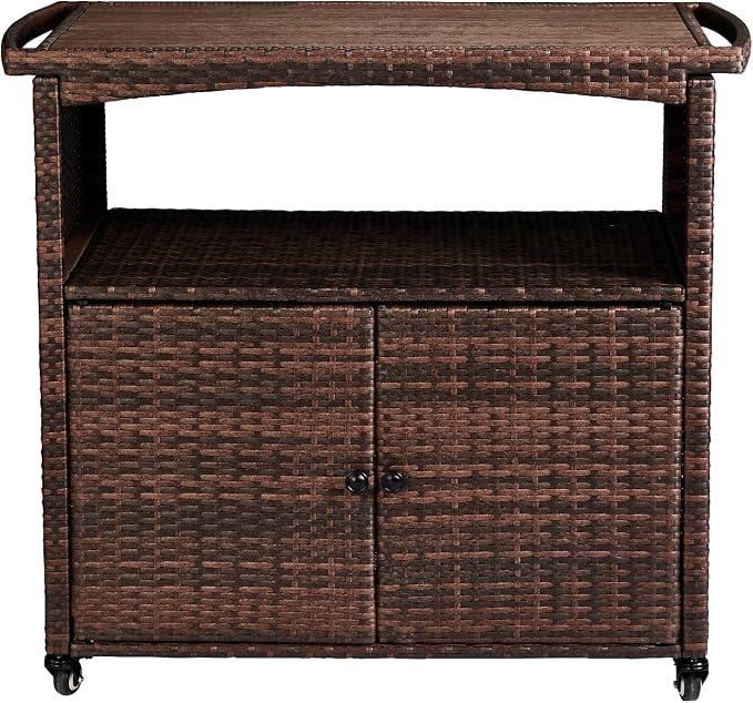 Outdoor Bar Cart with Storage Cabinet, Patio Wicker Sideboard Buffet Cabinet Prep Table, Outside Kitchen Serving Cart with Rolling Wheels & Handles, Brown
