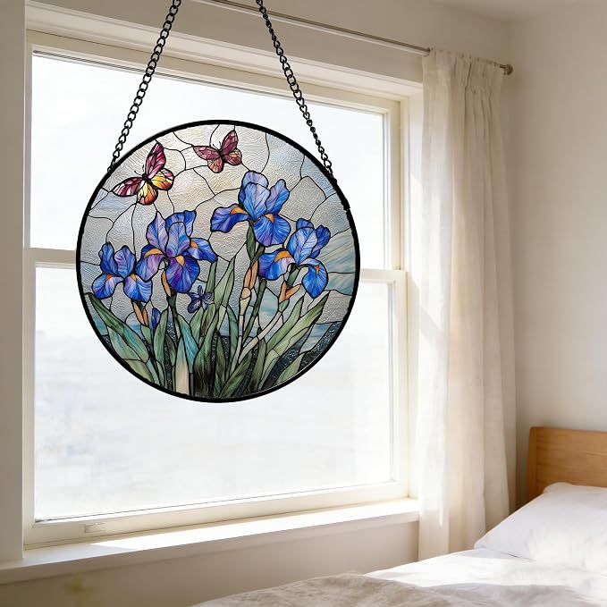 DASTOLL Stained Glass Window Hanging, Blue Iris Flowers Butterfly Suncatcher Diamond Colorful Glass Panel Sun Catchers Decor for Birthday for Women, Men, Wife, Aunt, and Mom 7.8 in