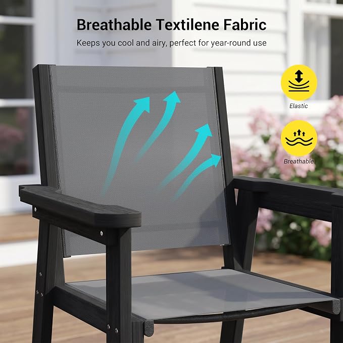HDPE Outdoor Dining Chairs Set of 2 | Textilene Weather Resistant Patio Stackable Chairs for Garden, Backyard, Lawn and Poolside, Black