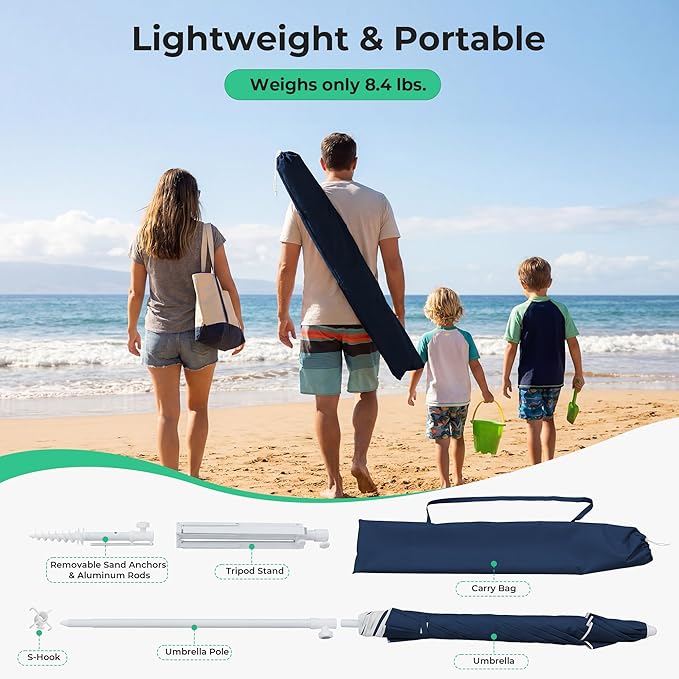 JEAREY 6.5ft Sun Shade Umbrellas, Portable Umbrella with Stand, Lightweight Sun Protection Free Standing Sport Umbrella for Outdoor Sports, Camping, Fishing, Patio, Beach, Navy