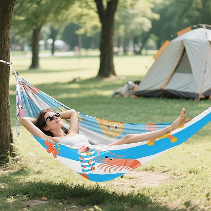 Blue White Striped Sea Animal 330lb Capacity Camping Hammock with Hanging Rope Hanging Hammock for Patio Backyard Lounge Base hamaca para acampar