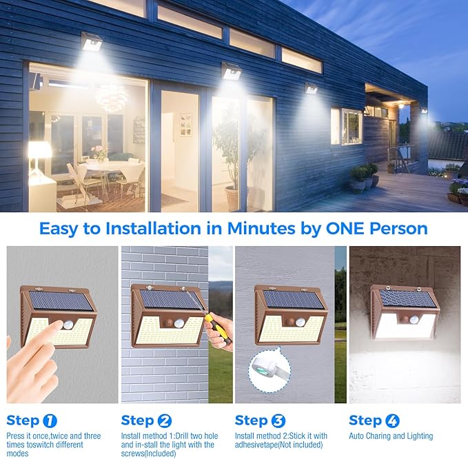 Peasur Solar Lights Outdoor Waterproof [12 Packs/140 LEDs], 3 Lighting Modes Solar Motion Sensor Light Outdoor, Ultra Bright Security Lights Outdoor Solar Lights for Outside Fence Patio Deck[Brown]