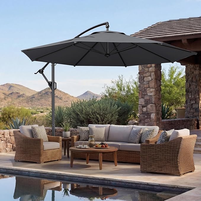 HOMSHADE 10ft Offset Patio Umbrella with Base Included, Cantilever Hanging Outdoor Market Umbrella UPF50+ UV Protection with Easy Tilt and Crank for Pool Deck and Garden (Grey)