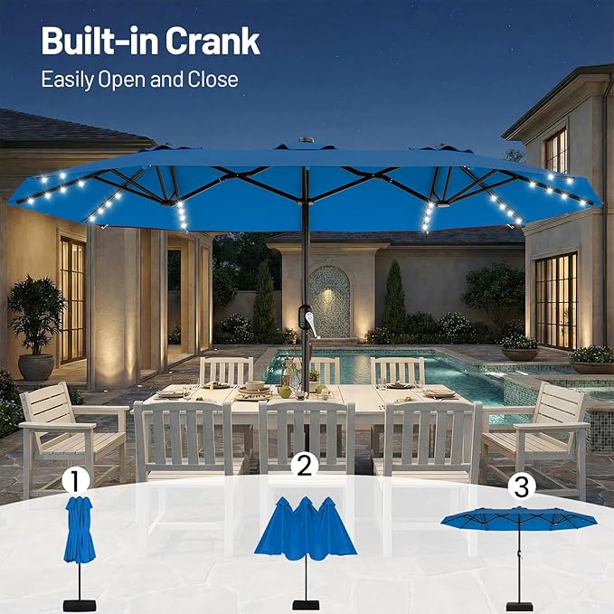 AreShark 13 FT Patio Umbrella with Solar Lights, Double-Sided Outdoor Table Umbrellas with Crank, Large Rectangular Market Umbrella for Porch, Lawn, Pool, Backyard, Royal Blue