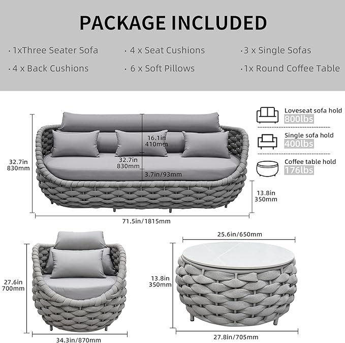 TWT Outdoor Patio Furniture Set-5 Pieces Aluminum Sectional Sofa, Metal Patio Conversation Set with Threeseat & Armchair, Textile Rope and Coffee Table, Light Grey