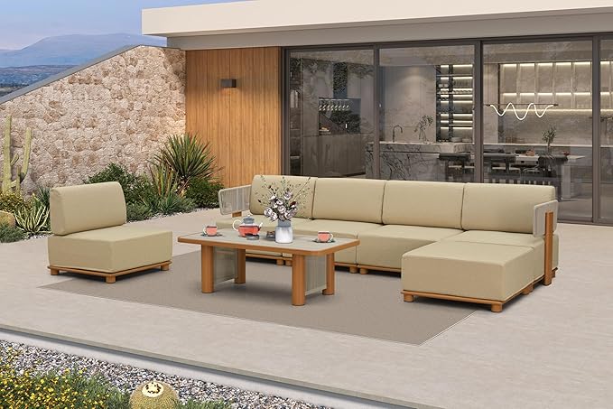 PURPLE LEAF Patio Furniture Set Modular Open-End Outdoor Sectional Sofa with 11" Thick Olefin Cushion 7-Piece Outdoor Conversation Set with Ottoman & Table for Patio Backyard Garden Poolside, Beige