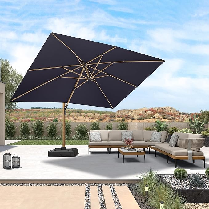 PURPLE LEAF 10' x 13' Rectangle Patio Cantilever Umbrella With Base Large Hanging Umbrella Teak Finished Aluminum Frame Windproof Offset Outdoor Sun Umbrellas for Beach Pool Deck, Navy Blue