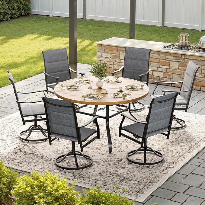 Soohow 7-Piece Outdoor Dining Set, Round Patio Dining Table and Chairs Set for 6, 6 x Swivel Patio Chairs and 47" Dining Table with 1.57" Umbrella Hole, Wood-Like, Ideal for Poolside, Backyard, Deck
