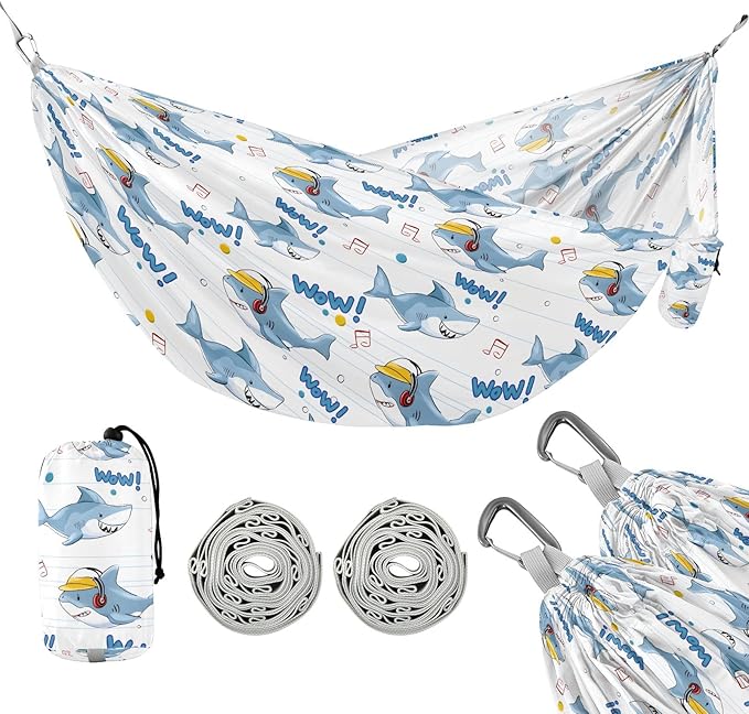 Camping Hammock Outdoor Hammocks for Outside Blue Shark Cute Cartoon Beach Trees Portable Lightweight with Pockets Tree Straps Indoor