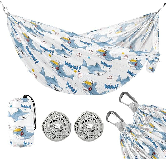 Camping Hammock Outdoor Hammocks for Outside Blue Shark Cute Cartoon Beach Trees Portable Lightweight with Pockets Tree Straps Indoor