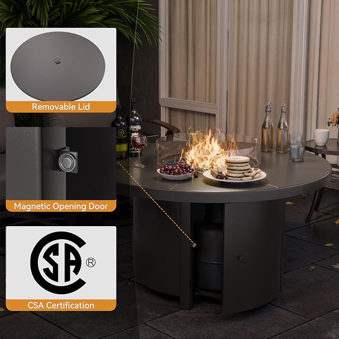 ALAULM 5-Piece Outdoor Dining Set for 4 Metal Outdoor Patio Furniture with 40000 BTU Round Fire Pit Table for Patio, Backyard, Garden-Sand