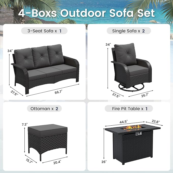 UDPATIO Patio Furniture Set with 44" Fire Pit Table, High Back 2 Swivel Rocker Chairs, Wicker Outdoor Conversation Sets with Thick Cushions & Ottoman, for Garden, Porch