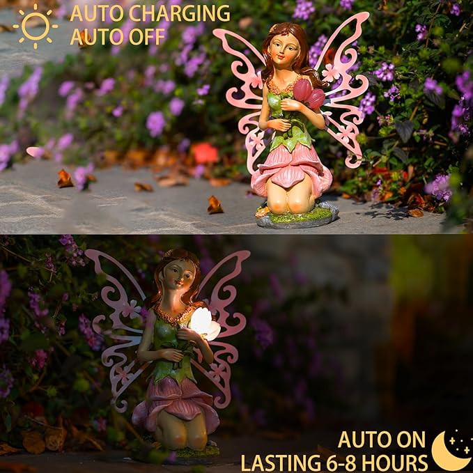 Suyorpe Fairy Decor, Solar Outdoor Statue, Accessories for Fairy Garden Gifts - Resin Figurine for Patio Yard Lawn, Size 8.35 x 4.92 x 10.82 inches