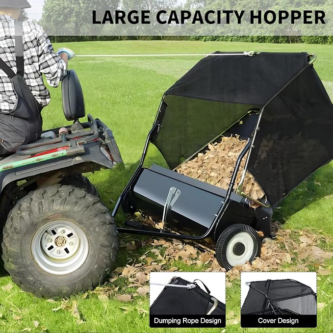 44 Inch Tow Behind Lawn Sweeper, Yard Sweepers, Grass Sweeper Tow Behind with 25 Cu Ft Hopper, Adjustable Brush Height Leaf Sweeper for Lawn Tractor, Yard Cleanup Black 44