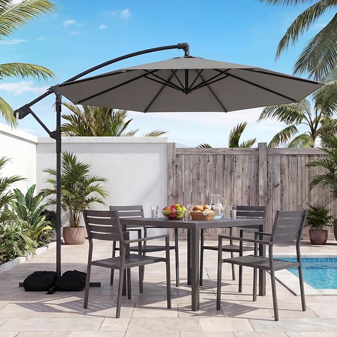 Tangkula 10ft Patio Umbrella with Base Included, Offset Cantilever Outdoor Umbrella with 360 Degree Rotation, 2 Sandbags, Crank Handle for Pool Deck Garden Backyard