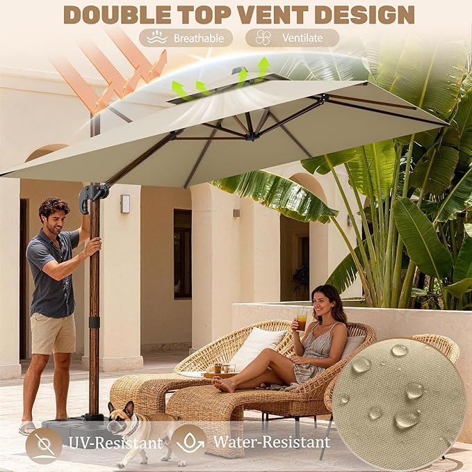 10x13FT Cantilever Outdoor Patio Umbrellas, Double Top Wood Pattern Rectangle Umbrella, Heavy Duty 360°Rotation Offset Umbrella for Garden Deck Pool Patio, Beige