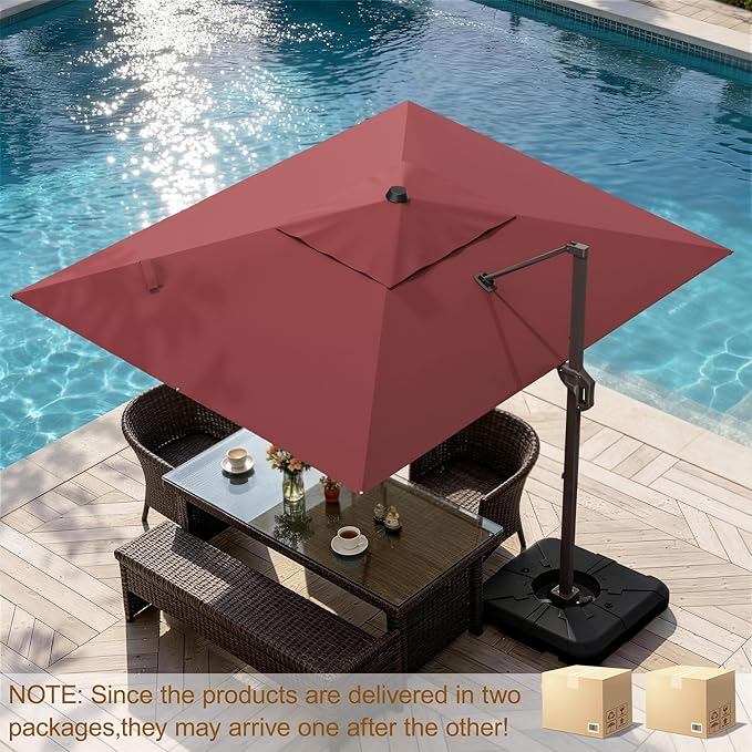 9' X 12' Cantilever Patio Umbrella Rectangle Outdoor Umbrella with Base Included, 6-Level Tilt & 360° Rotation Offset Umbrella for Garden, Deck, Pool (Red)