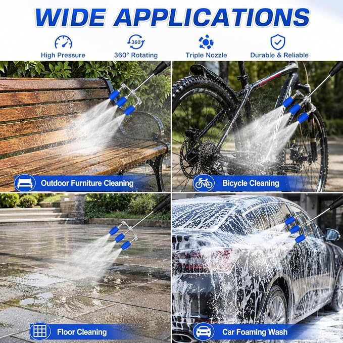 Triple Turbo Nozzle Pressure Washer, 360° Rotating Pressure Washer Nozzle 4000 PSI with 1/4" Quick Connector, 2.0 Orifice 3-In-1